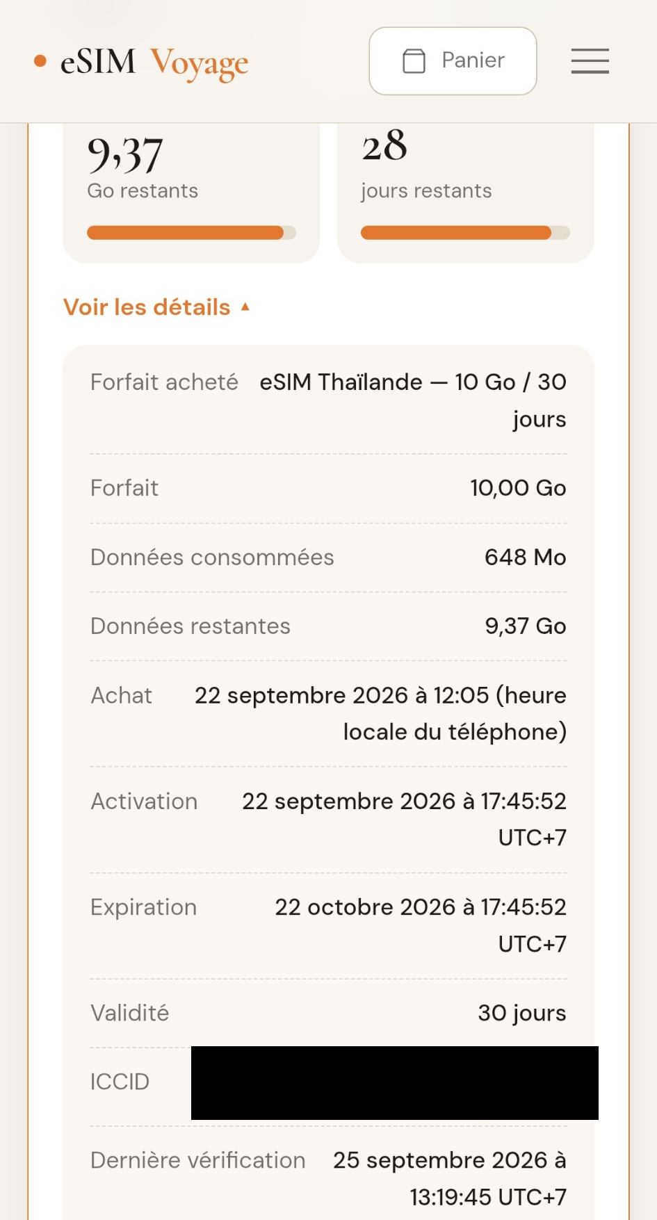 El panel histórico muestra inicio el 22 de septiembre a las 17:45:52 UTC+7 y vencimiento el 22 de octubre. La marca eSIMVoyage documenta el origen de la compra; no es una compra en eSIMViajes Chile.