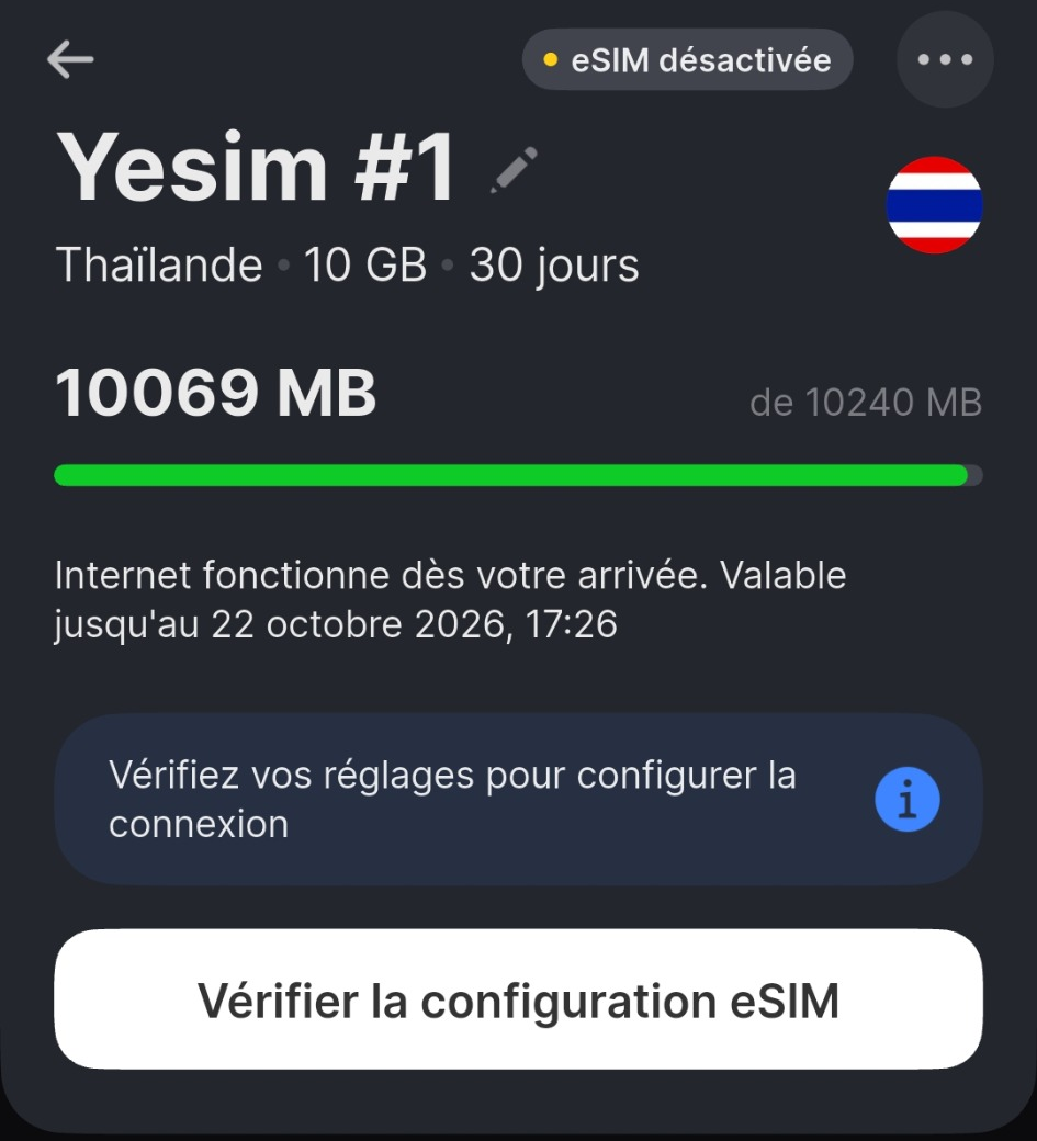 Yesim muestra vencimiento el 22 de octubre de 2026 a las 17:26. La zona horaria no aparece; el inicio se infiere para un plan de 30 días.
