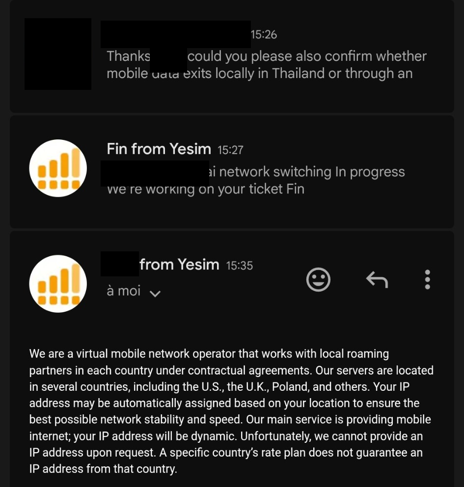 Yesim describe servidores en varios países e IP dinámica. Un plan de un país no garantiza una IP de ese país.