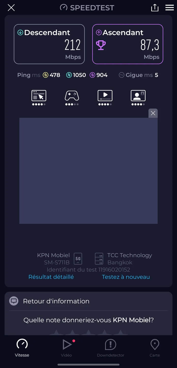 Airalo en Ao Nang: 212 Mbps de descarga, 87.3 Mbps de subida y ping en reposo de 478 ms. Capacidad y respuesta son distintas.