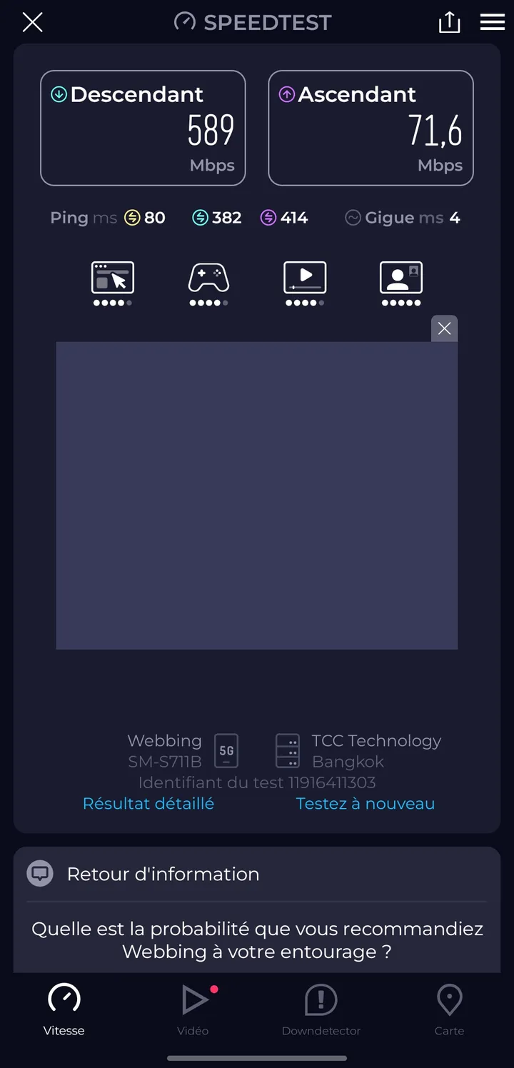 Saily en Surat Thani: 589 Mbps de descarga y 71.6 Mbps de subida.